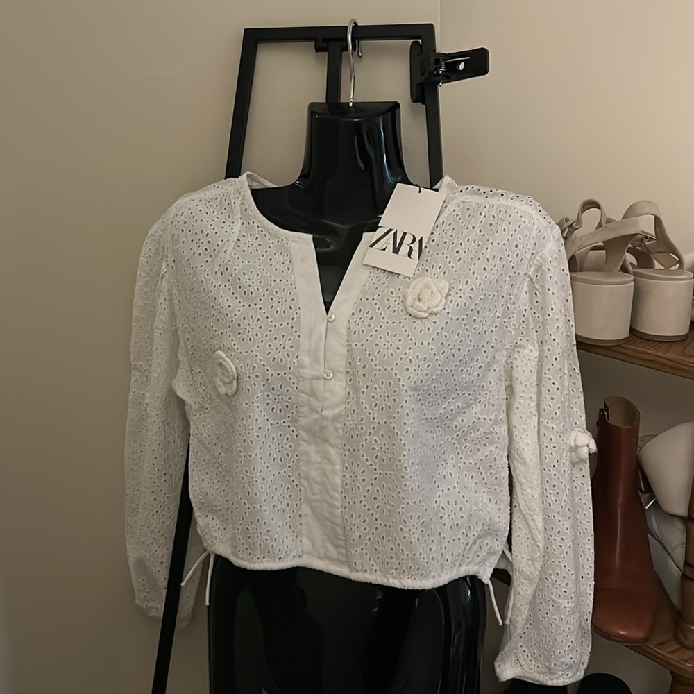 New Zara EMBROIDERY AND CROCHET BLOUSE Girls White 13/14